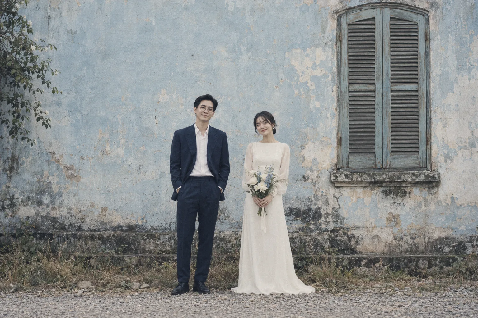 Nam và Trang trước bức tường xanh cũ
